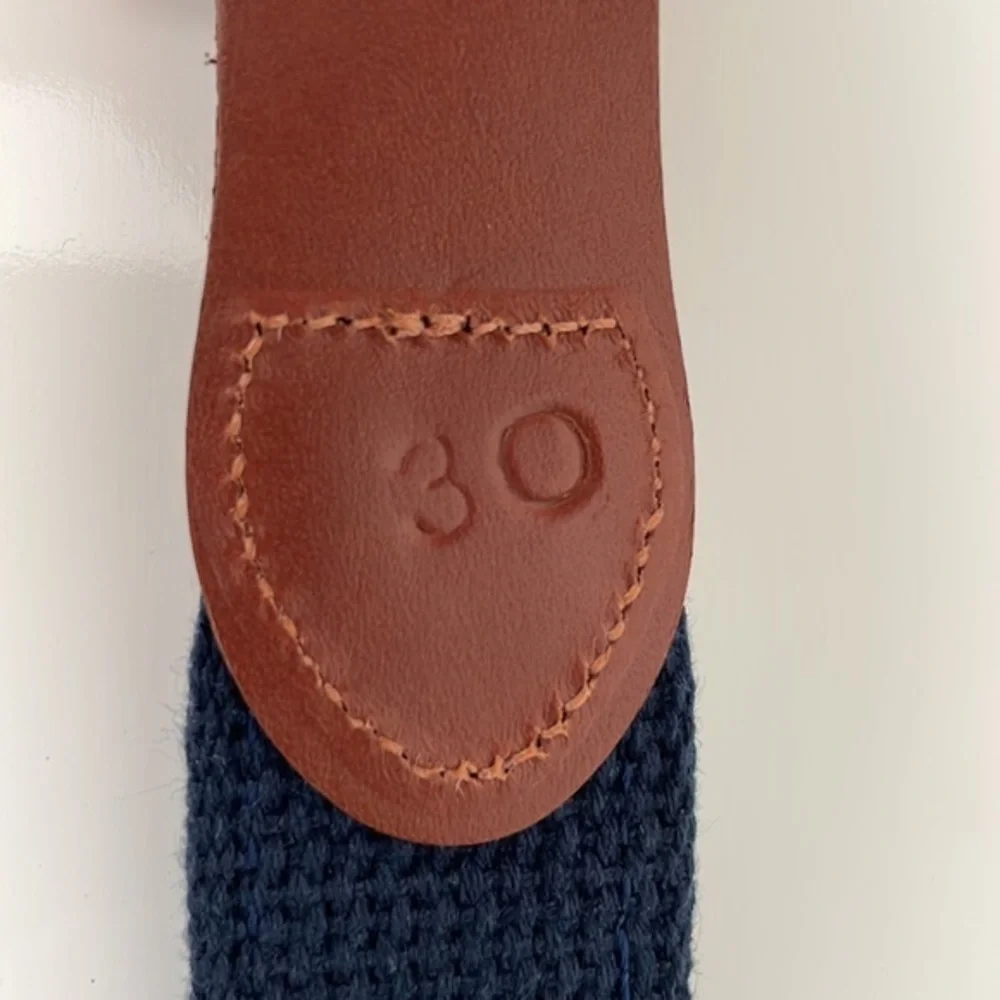 Leather Man Ltd. Fish and Hook navy blue ribbon & leather‎ belt. Brass buckle.
